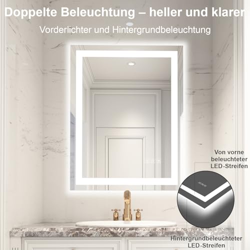 furduzz Badezimmerspiegel mit Beleuchtung, 60x45cm Badezimmerspiegel mit Touch Schalter, Led Spiegel Vertikal und Horizontal Montage, 3 Lichtfarben dimmbar, Antibeschlag 5