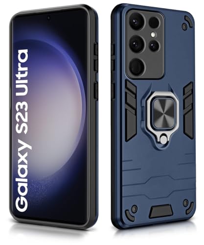 Image of WOW IMAGINE Shock Proof Back Case Mobile Cover for Samsung Galaxy S23 Ultra 5G | Back Cover Case (Tough Armor | Hybrid PC + TPU | Ring Holder & in-Built Kickstand | Blue)
