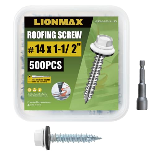 LIONMAX 500-PCS Metal Roofing Screws #14 x 1-1/2 Inch, White, Rubber Washer