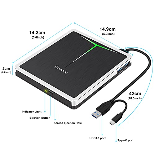 Guamar External Cd Dvd Drive, Usb 3.0 Usb-C Cd/Dvd+/-Rw Burner Writer Portable Cd Rom Optical Disk Drive Reader Player For Laptop Pc Mac Windows 11 Desktop With Sd/Tf Slot/2 Usb Ports (Silver) #TOP6