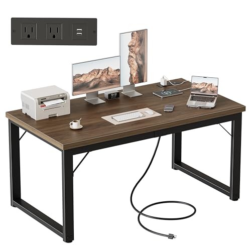 Image of Mericonia 48 Inch Computer Desk with Power Outlets, 1.2 inch Thick Office Table | Modern Simple Style, Heavy Duty Industrial Frame, Small Study & Writing Table for Home Bedroom Work, Walnut