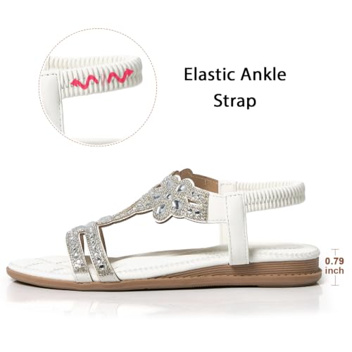 Image of iCKER Womens Rhinestone Strappy Flat Sandals Elastic Ankle Strap Open‑Toe