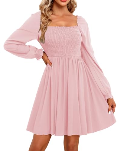 Image of Holipick Women's Casual Square Neck Smocked Dress Shirred Ruffle Puff Sleeve High Waist Cute Flowy A-Line Short Dress