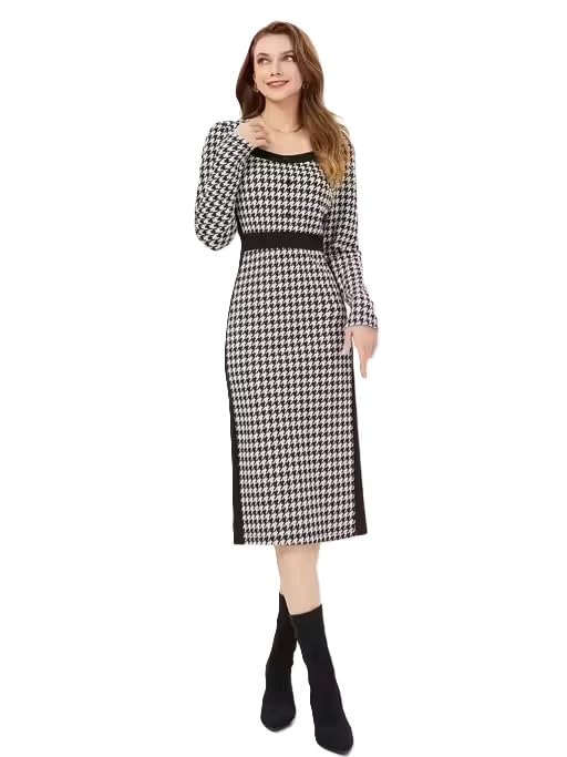 Women's Houndstooth Print Midi Dress, Long Sleeve, Square Neck, Black and White, Bodycon Style-picture-29