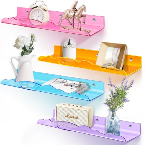 wooshwa Etagere Étagère Murale Salle de Bain Cuisine Murales sans Percage Chambre Acrylique Lot de 4, 2 Façons de Montage pour Salon Cuisine Bureau Salle de...