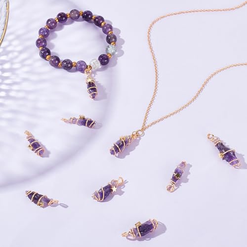 FINGERINSPIRE 12Pcs Natural Amethyst Crystal Pendant Gold Plated Wire Wrapped Crystal Gemstones Pendant with Star Decorations Healing Stones Pendant Charms for Necklaces Earrings Jewelry Making - Image 4