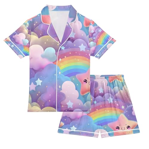 senya Kawaii Rainbow Star Satin Summer Pajama Sets Silk Short Sleeve Button Down Sleepwear