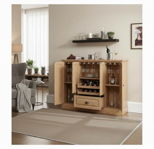 Image of APRODZ Solid Mango Wood Bar Cabinet for Home and Bar |Peetz Royal Stylish Wooden Wine Storage Rack with Drawer, Glass Holder & Bottle Organizer Drink Wine Rack Organizer for Living Room,Natural Finish