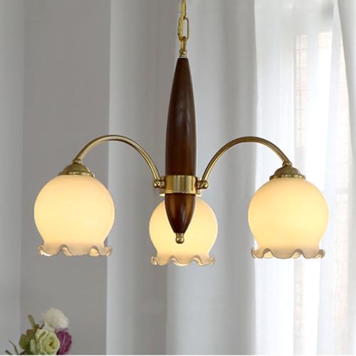 Lustre rétro en cuivre craquelé de fleurs en bois massif blanc 6 têtes