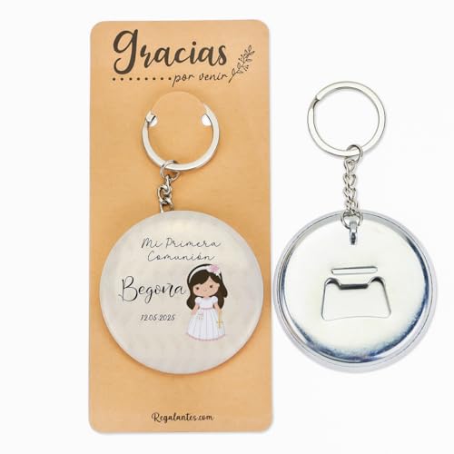 Pack de 12 Llaveros personalizados, Llaveros abridor personalizados, Detalles comunión, Detalles originales para invitados, Regalos personalizados originales, Regalantes (Modelo Beige Niña)