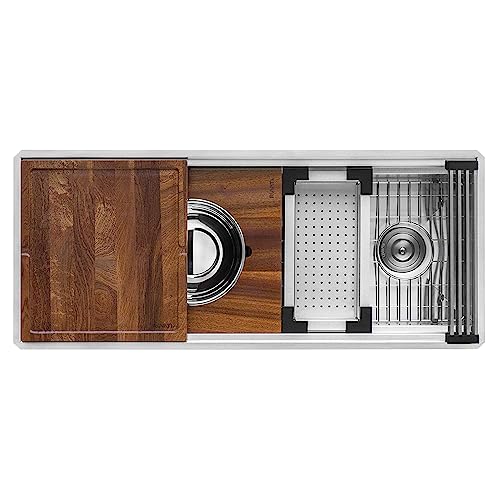 Image of Ruvati 69-inch Undermount Workstation Kitchen Sink - 16 Gauge Stainless Steel Single Bowl with Two-Tiered Ledges & Accessories - RVH8666