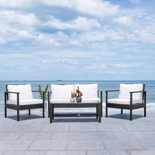 Image of Amazon Brand - Solimo Zeno Outdoor Sofa Set || Balcony Sofa || Patio Furniture Sets || Indoor Sofa|| Wicker Rattan Garden Sofa Set with Cushion and Center Table, 4 Seater (Black-White)