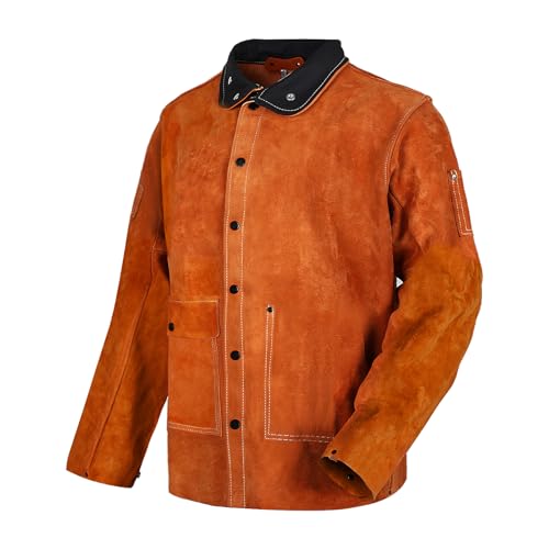 QeeLink Leather Welding Jacket - Flame-Resistant Heavy Duty Work Welder Jackets - Split Cowhide Welding Coat for Men Women