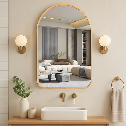 Image of Art Street Rectangular Decorative Wall Mirror with Aluminum Metal Frame Gold | Rounded Corner Modern Design Vanity Mirror for Makeup, Bedroom, Drawing Room, Bathroom Wash Basin (Gold, 40x60 cm)