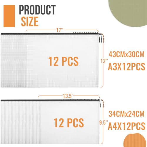 Image of 24pcs A4 Mesh Zipper Pouch File Bags, 12pcs Large A3 and 12pcs Letter A4,Black Reusable Zipper Bags for Organizing Storage, Waterproof Puzzle Bag, Board Game Storage and School Office Supplies