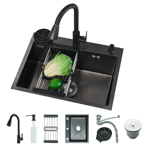 TVTIUO Fregadero de Cocina Multifuncional, Fregadero de Cocina Negro con Lavavasos y Dispensador de Jabón, (60 x 45 cm) con Grifo Extraíble