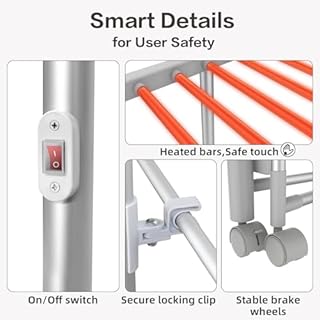 Todeco - Sèche-Linge Electrique, Etendoir Pliant d'Intérieur - Dimensions du Produit replié: 143 x 72 x 9 cm - Matériau: Alliage en Aluminium - 3 étagères, Blanc, avec des Roues