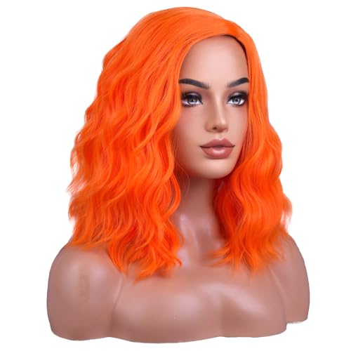 Image of BERON Orange Wigs for Womens Short Curly Wavy Wig Girls Bright Orange Colorful Side Part Wigs Shoulder Length Heat Resistant Synthetic Cosplay Party or Daily Use Wig