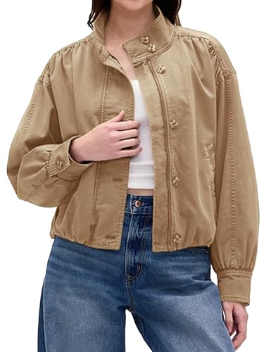Fiona Jolin Women's Cotton Bomber Jackets Casual Long Sleeve Button Down Zipper Pleated Coats Puffed Outwear Streetwear
