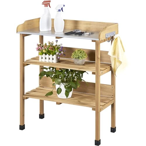 Yaheetech Tavolo da Giardino per Piante in Legno con Gancio Spazioso Banco da Lavoro con Piano in Metallo per Giardinaggio 77 x 37 x 90 cm Marrone