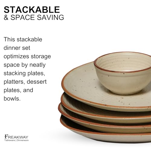 Image of Freakway Handcrafted Ceramic Stoneware Cream White Geometric Dinner Plates 10 Inches with Serving Bowl Set of 4 Pieces | 2 Dinner Plates with 2 Bowls | Dishwasher & Microwave Safe - Off White