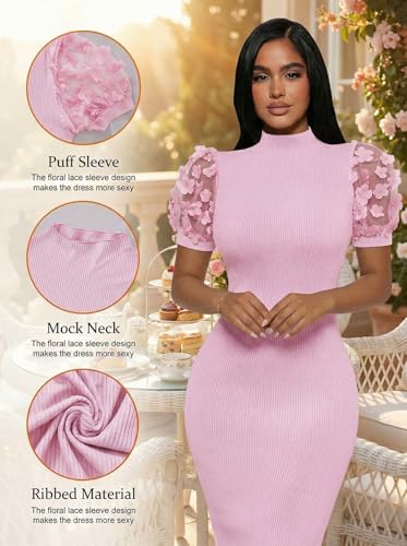 Image of Annystore Women's Mesh See Through Sheer Dress Short Puff Sleeve Bodycon Dress Mock Neck Sexy Club Party Midi Dress Clubwear