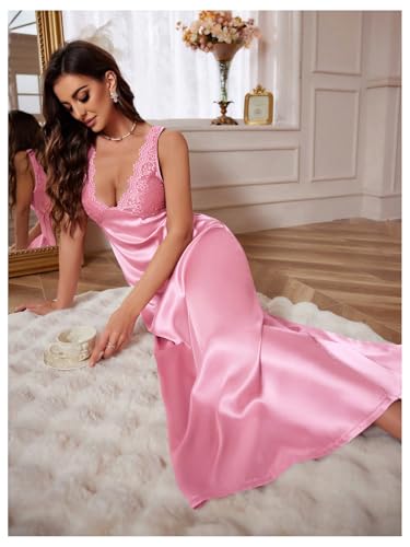 Image of WDIRARA Women's Satin Sleepwear Nightgown | Lace, Backless, Deep V Neck, Sleeveless, Long