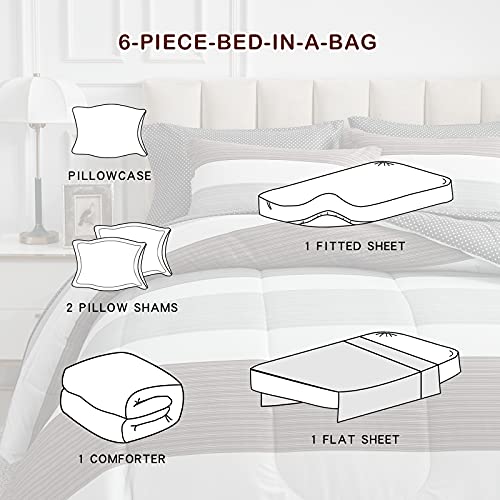 Joyreap 6 Piece Bed In A Bag Twin, Light Gray N Brown Stripes Design, Smooth Soft Microfiber Comforter Set For All Season (1 Comforter, 2 Pillow Shams, 1 Flat Sheet, 1 Fitted Sheet,1 Pillowcase) #TOP6