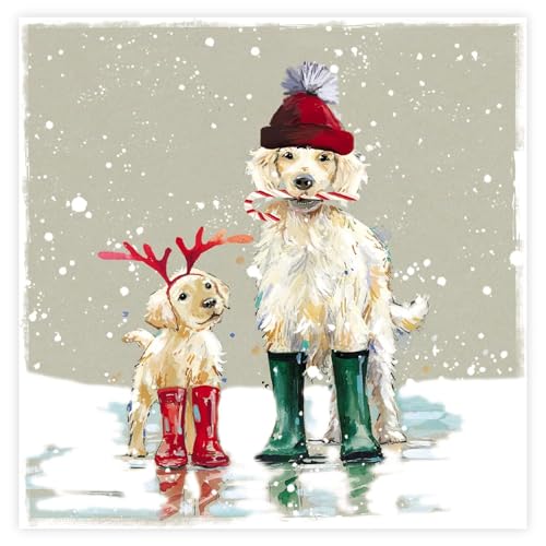 Ling Design Pack of 6 Charity Christmas Cards - Christmas Greeting Cards with Envelopes - Festive Dogs in Wellington Boots in Winter Scene - Supporting UK Charities - 6 of 1 Design
