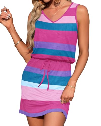 Image of AUSELILY Womens Summer Sleeveless V-Neck Drawstring Waist Beach Cover up Mini Short Swing Dresses with Pockets
