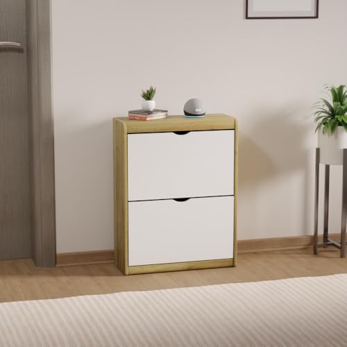 Image of beAAtho Zento Shoe Cabinet with Tilt-Out Drawers | Modern Wooden Shoe Organizer for Home & Office | Durable & Elegant | DIY | (Wotan Oak- Biege)