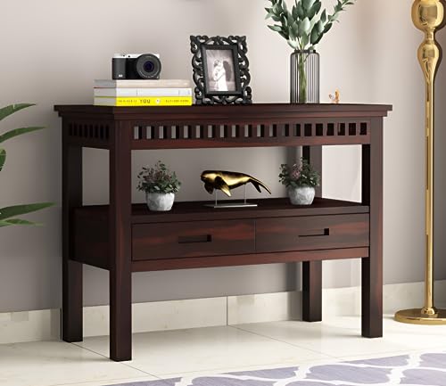 Image of SANPNEET Furniture Solid Wooden sheesham enterace consolie Table for Living Room Bedroom | Home Furniture Console Table with 1 Open Shelves & 2 Drawers Storage (Walnut Finish)