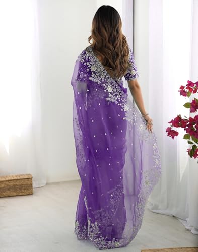 Image of SIRIL Women's Organza Sequence Embroidery Saree With Unstitched Blouse Piece