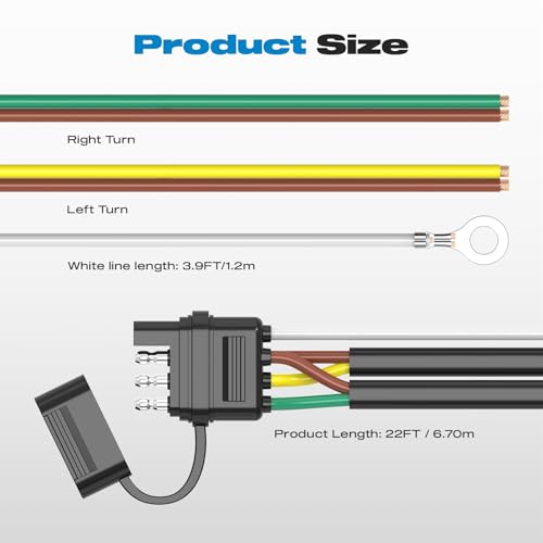 Image of 4 Pin 5 Wire Trailer Wiring Harness Kit, Malictele 22FT 16AWG Core with Jacketed Cable Trailer Light Kit 4 Way Flat 5 Wire Trailer Plug for Rewiring Both-Side Taillights on Trailers RVs and Boats