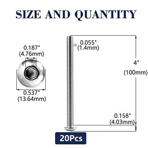 Image of 5 /16-18 x 4 inch Button Head Socket Cap Bolts Screws, 20Pcs 304 Stainless Steel 18-8, Allen Hex Drive, Bright Finish by SG TZH(with Hex Spanner)