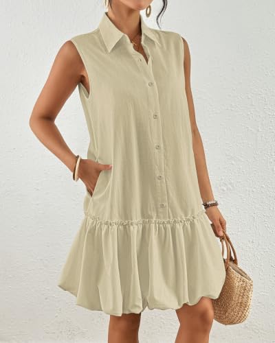 Image of Bsubseach Womens Casual Summer Dresses Sleeveless Linen Bubble Mini Short Dress Button Down Shirt Sundress with Pockets