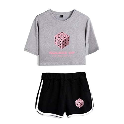 Nest Home Blackpink Set Blackpink Sport Shorts de Course Vêtements Set 2 Pièce Été Coton Crop Tops + Shorts Pantalons Fitness T-Shirt (Gris + Noir, XS) Cover