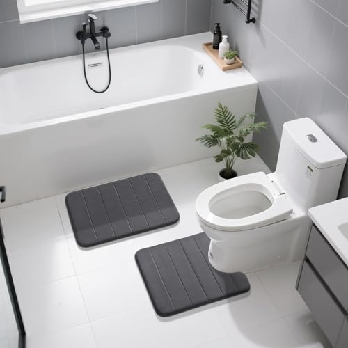 Image of Yimobra U-Shaped Toilet Bath Mat Set 2 Piece - Soft Absorbent Quick Dry Memory Foam Bathroom Rugs, Machine Washable Non Slip Floor Carpet for Tub Shower & Single Sink (17x24 & 24x20, Dark Gray)