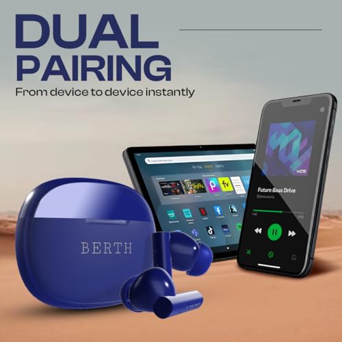 Image of BERTH X50 Wireless Earbuds 45H Playtime, Dual Pairing, 13mm Speakers, ENC, IPX5, 45ms Low Latency True Wireless Bluetooth, Fast Charging, Bluetooth Wireless Earbuds (Blue)