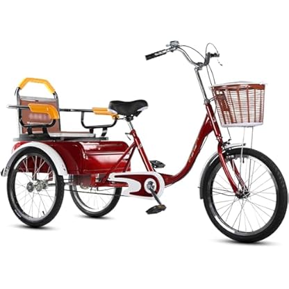 20-Zoll-Dreirad für Erwachsene, Single-Speed-Fahrrad, verstärkter Rahmen aus Kohlenstoffstahl, dreirädriges Cruiser-Fahrrad mit Rücksitz und Einkaufskorb (rot)