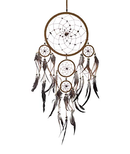 OMA Dream Catcher Wall Hanging with Tiger Eye Stones and Feathers, Brown Suede Traditional Dream Catcher Boho Home Decor Bedroom Decoration Gift Large Size - 28" Long x 9" Diameter