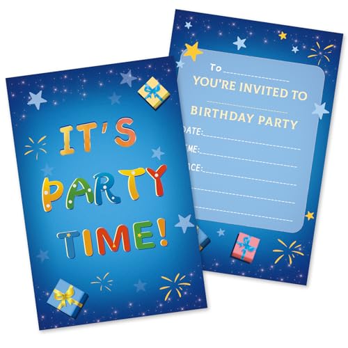 HOMANGA Birthday Invitations for Boys 20PCS Birthday Party Invitation Cards with Envelopes Party Invites for Kids Childrens Parties Supplies - 10x15cm (Blue Double-sided)