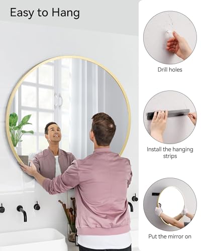 Round Mirror, 36 Inch Gold Bathroom Mirror for Over Sink, Mirrors with Metal Frame, Large Stylish Round Mirrors, Wall Mirror for Bathroom, Entryway, Vanity, Bedroom