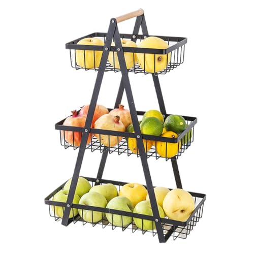 Sightday 3 Etagen Obstkorb,Gemüse Aufbewahrung,Obstkorb Etagere Mit Hölzerner Griff,Abnehmbar Metallkorb Küchenorganizer,Obst Und Gemüse Aufbewahrung,Gemüseregal für Brot,Gemüse,Snacks(Schwarz)