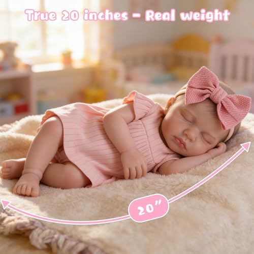 Image of EKOKIZ Realistic Baby Doll, 20 Inch Reborn Baby Doll - Weighted Soft Cloth Body with Pink Dress & Accessories, Lifelike Newborn Girl for Kids 3+ and Collectors, Cuddling & Pretend Play