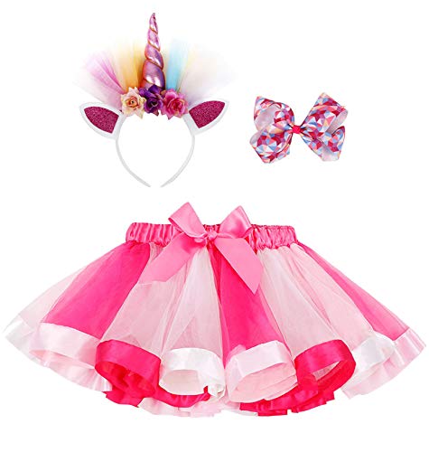 Simplicity Girls Rainbow Tutu Pink Tutu Layered Tulle Girls Tutu Skirt Birthday Tutu Unicorn Headband Hair Bow