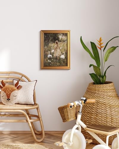 Image of VIYYIEA Vintage Gold Framed Wall Art for Living Room, Gooses Girl Canvas Prints Home Decor, Oil Painting Picture, Bedroom Wall Decor Gifts for Friends or Family -【Graceful Companions】-(16L x 12W)