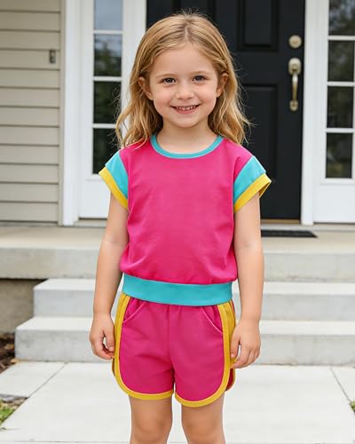 Image of SANMIO Toddler Girl Clothes Summer Toddler Girls Color Block Short Sleeve Shorts Sweatsuit Outfits 2 Piece Clothing Set
