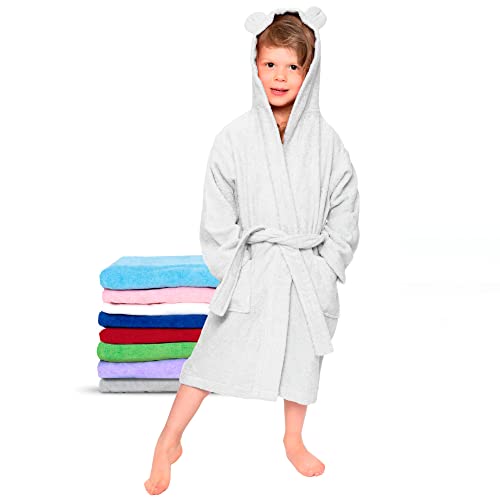 Twinzen - Albornoz Niños Algodón - Niño y Niña - 100% Algodón OEKO-TEX® - Bata de Baño 2 Bolsillos, Cinturón y Capucha, Blanco, 1-2 años, (size1)