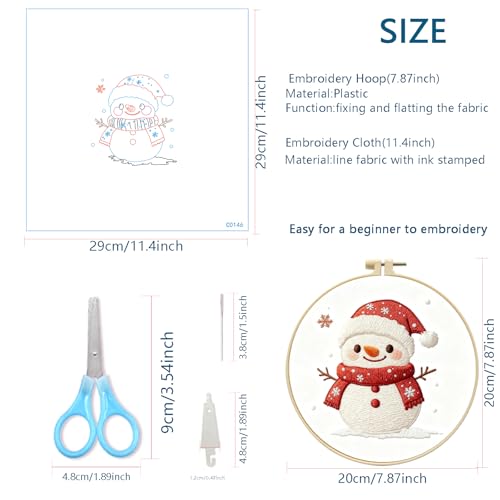 Image of Zhenqing Snowman Embroidery Kit for Beginners, Christmas Winter Needlework Kit with Pre-Printed Cotton Fabric, 20cm Hoop, Threads & Tools (C0146)